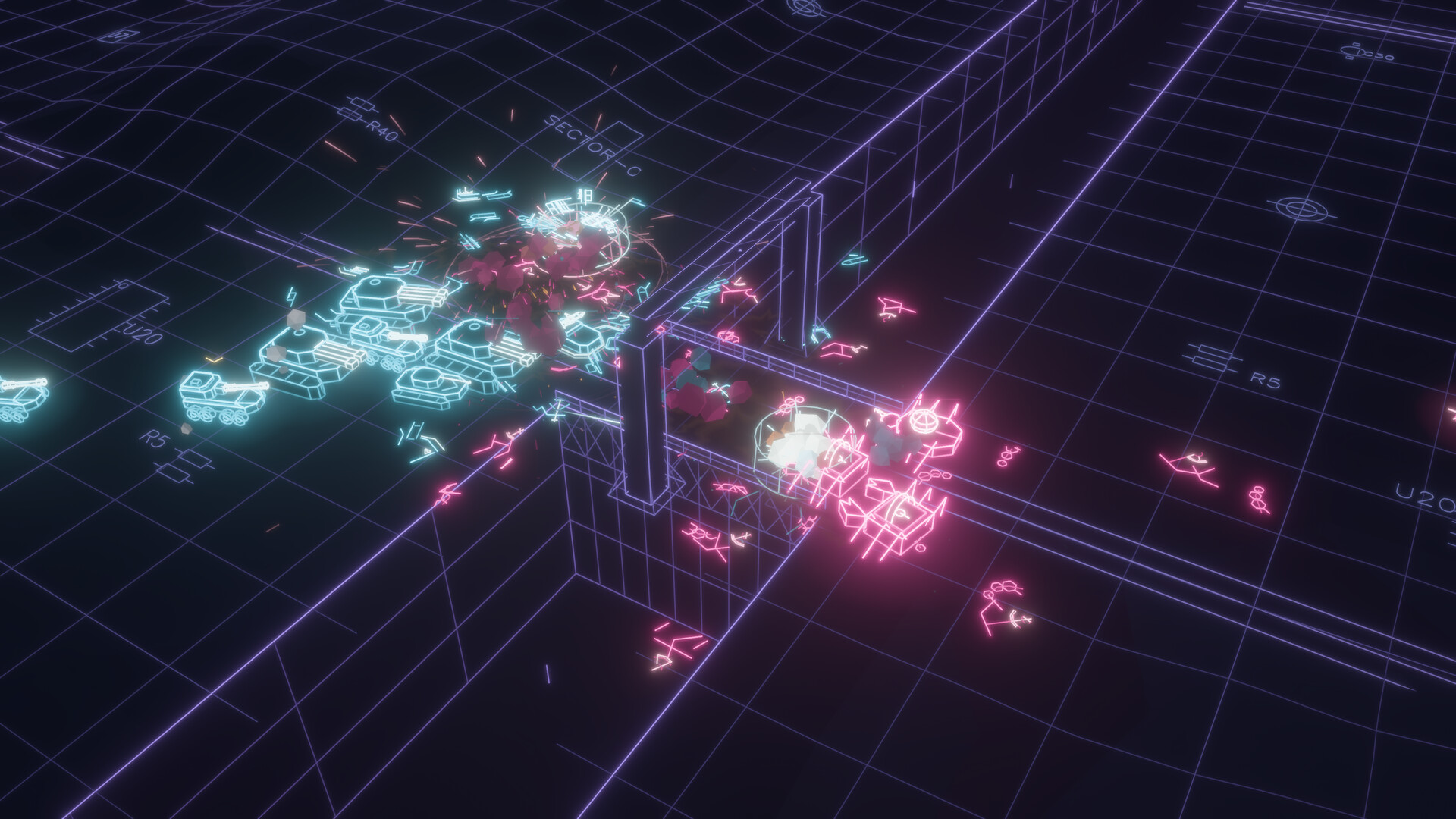 Cyan Root tanks engage magenta Malware creatures on a wireframe battlefield