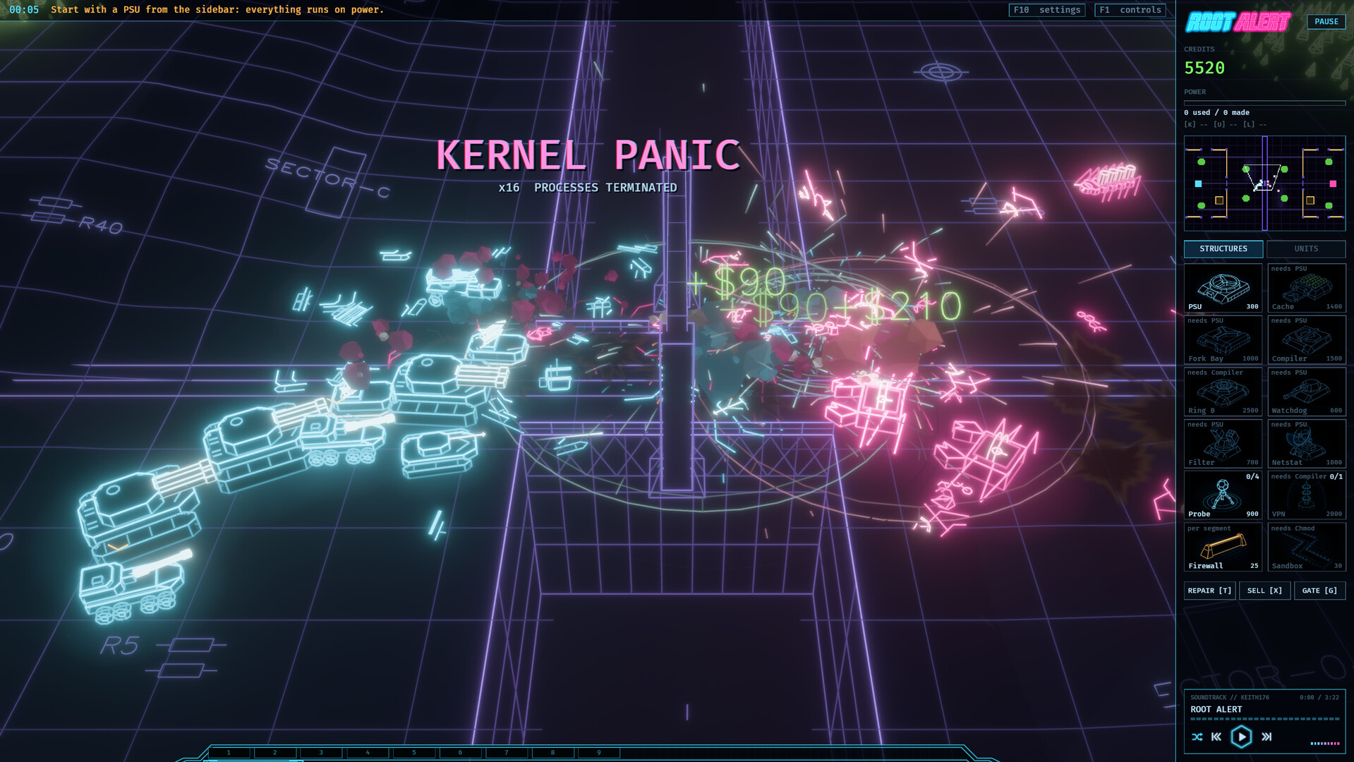 Full Root Alert command view with battlefield, production sidebar, minimap, and KERNEL PANIC multi-kill notification