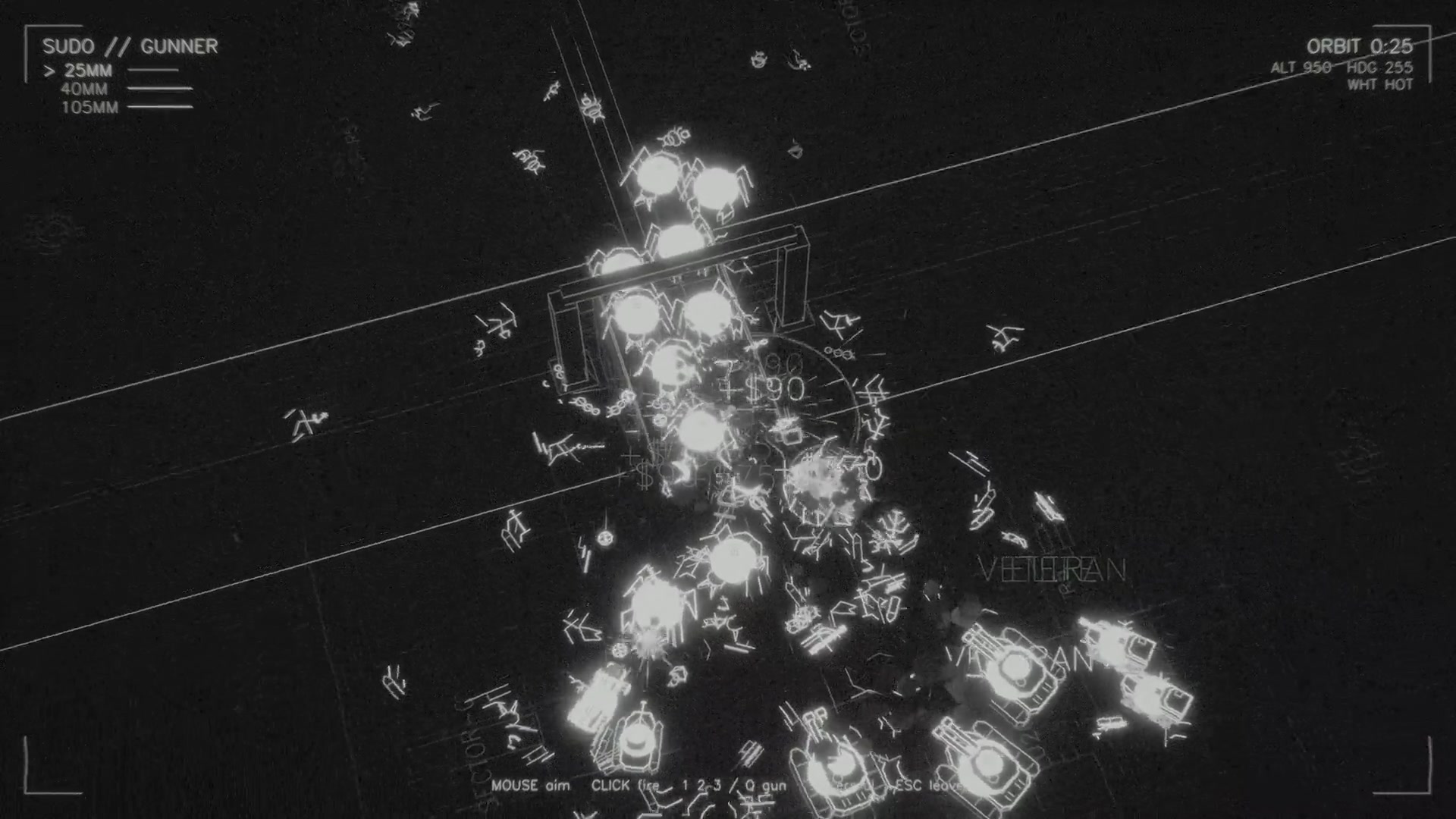 SUDO gunship gunner view, targeting a Malware crowd in white-hot thermal vision