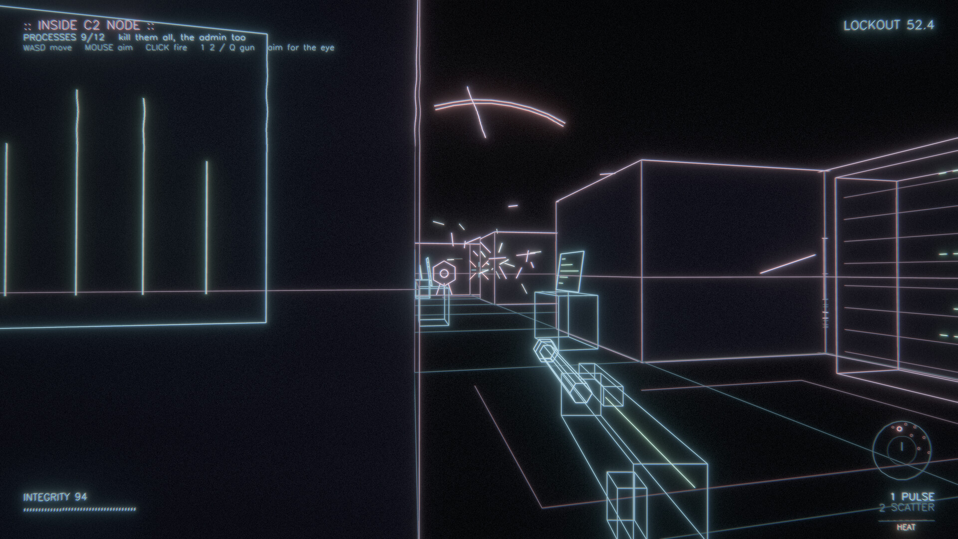First-person firefight against security drones inside an enemy C2 Node