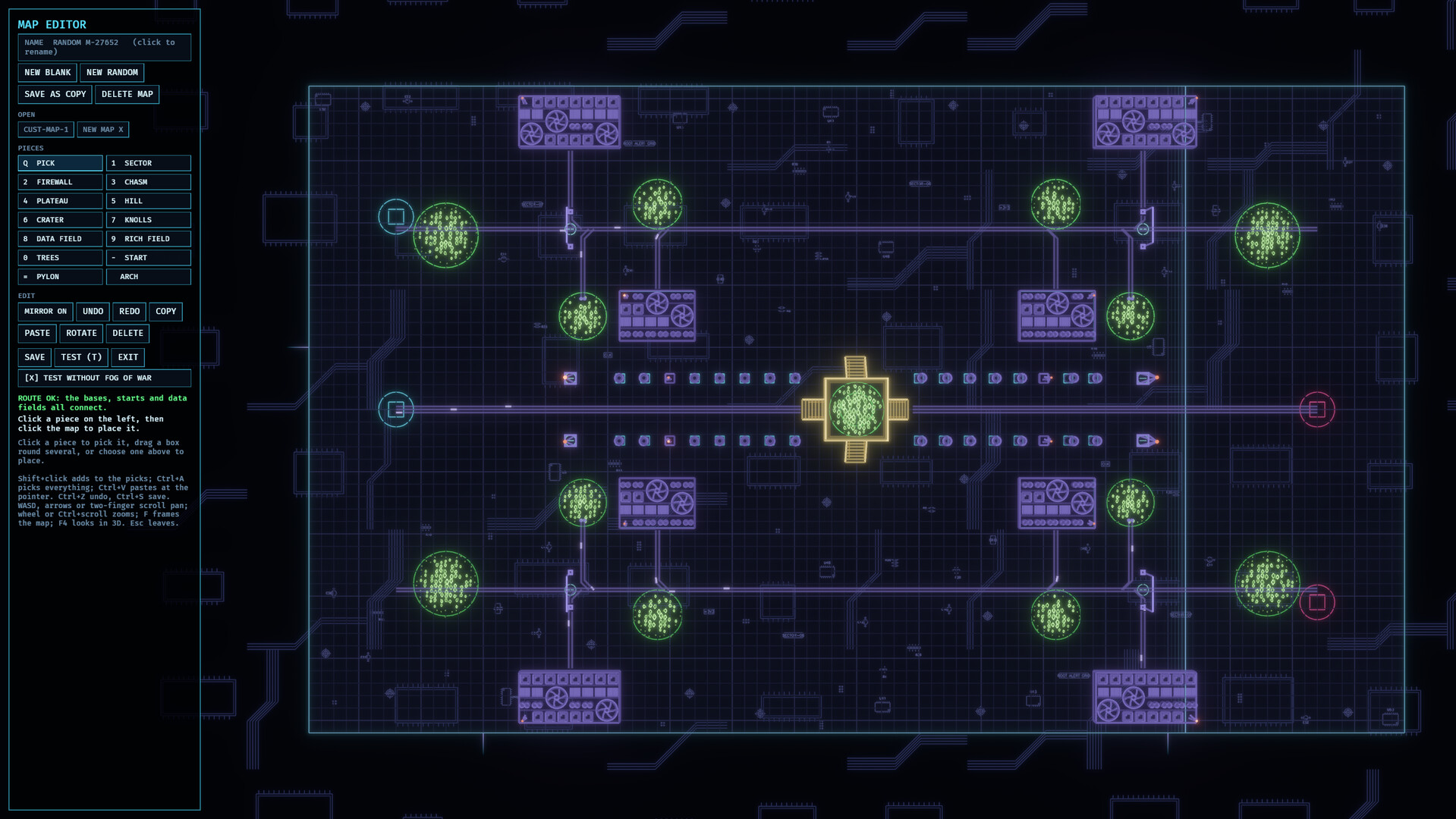 Root Alert map editor showing a mirrored sector with terrain, data fields, placement tools, and a test-map control